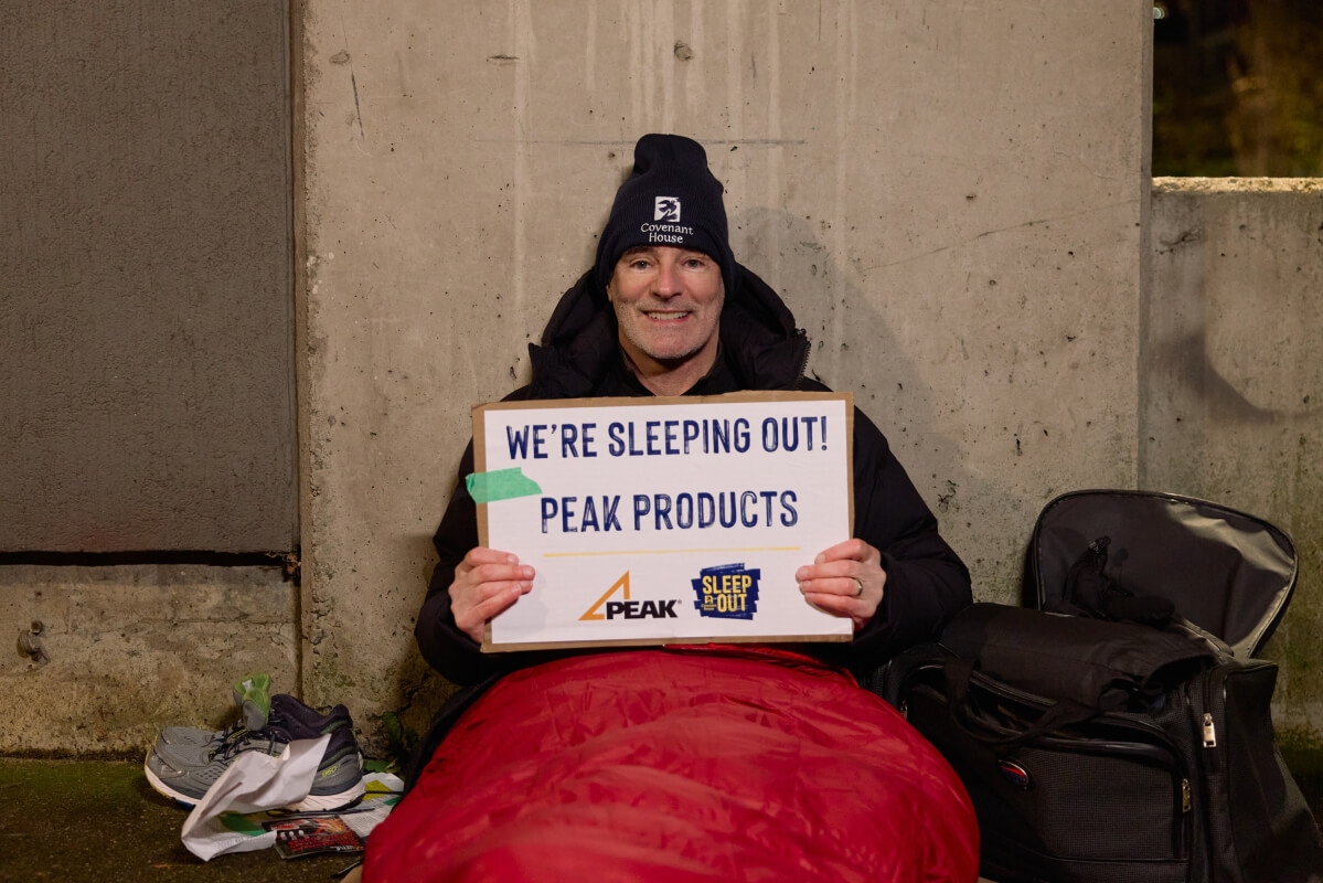 John Gross participating in the Sleep Out initiative. Peak Products donates $25K to help Covenant House Vancouver raise $1 million for youth experiencing homelessness.