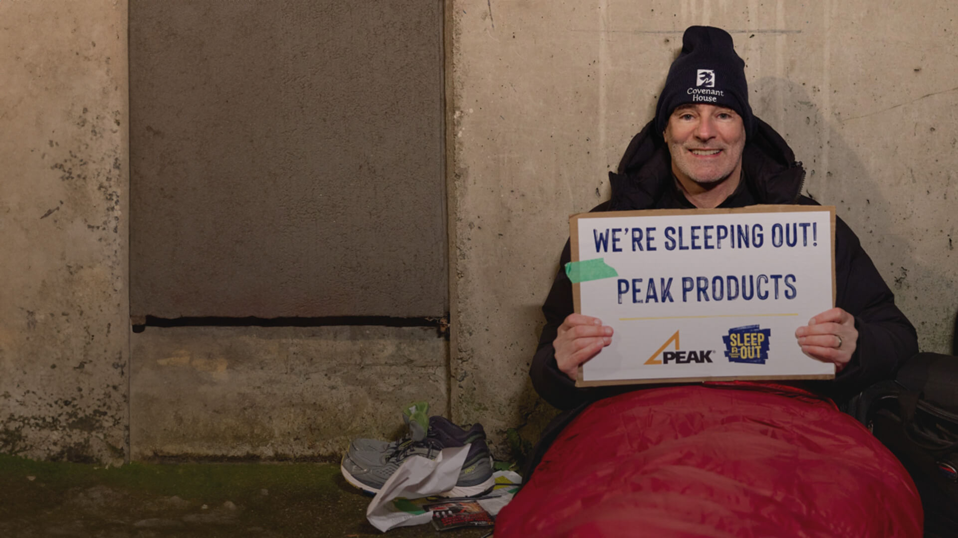 John Gross participating in the Sleep Out initiative. Peak Products donates $25K to help Covenant House Vancouver raise $1 million for youth experiencing homelessness.